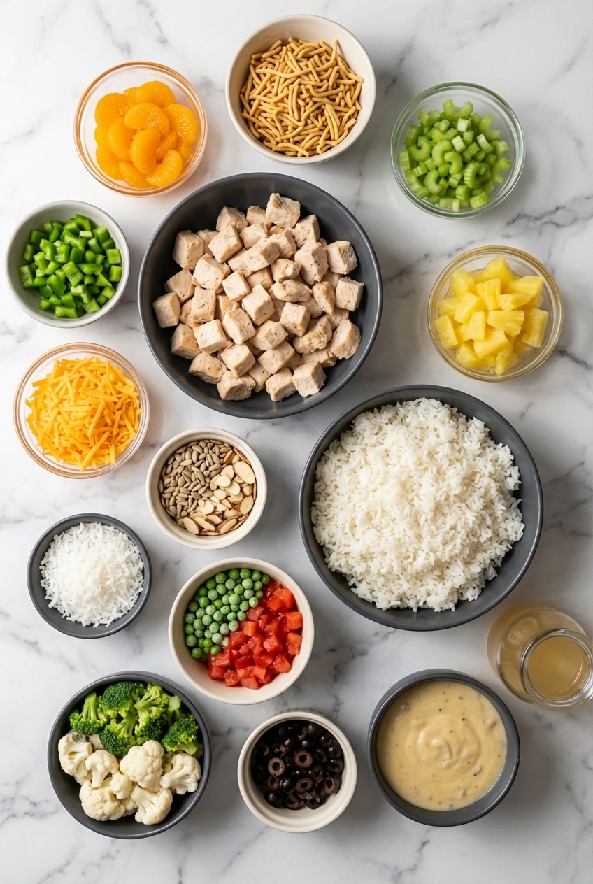 Ingredients for tasty Tuesday Hawaiian haystacks including rotisserie chicken, cream of chicken soup, and pineapple.