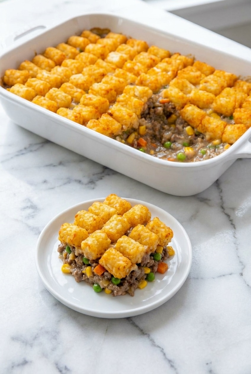 Tater tot casserole with ground beef in a 9x13 baking pan ready to be served hot for a family dinner.