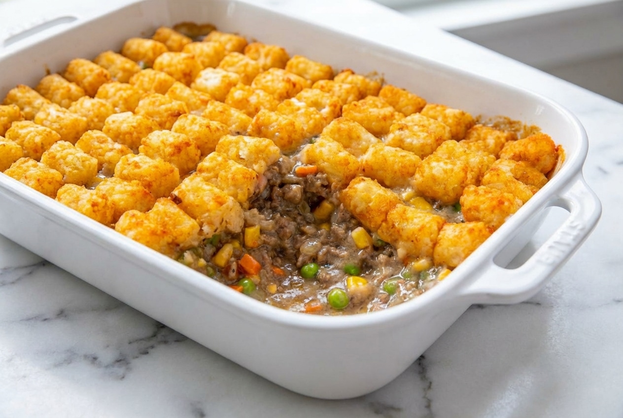 Golden tater tot casserole with ground beef featuring a rich, umami-boosted beef layer and melted cheddar cheese.