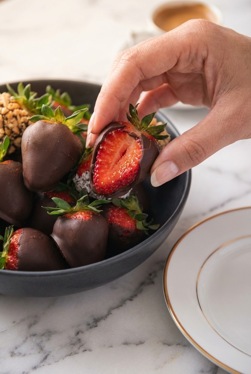 Close-up of tempered chocolate covered strawberries on parchment paper with a smooth anti-bloom finish.
