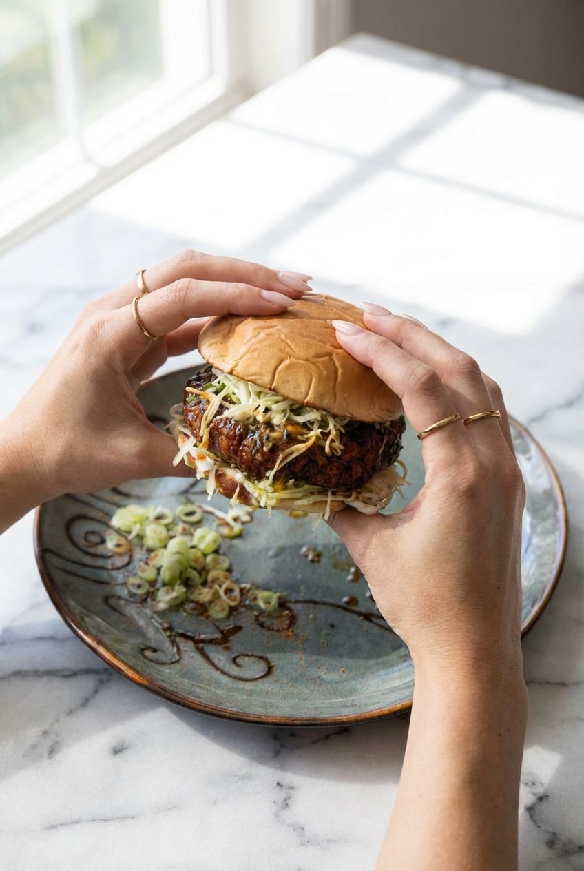 Close-up of a teriyaki burger showing the caramelization on the patty and fresh toppings.