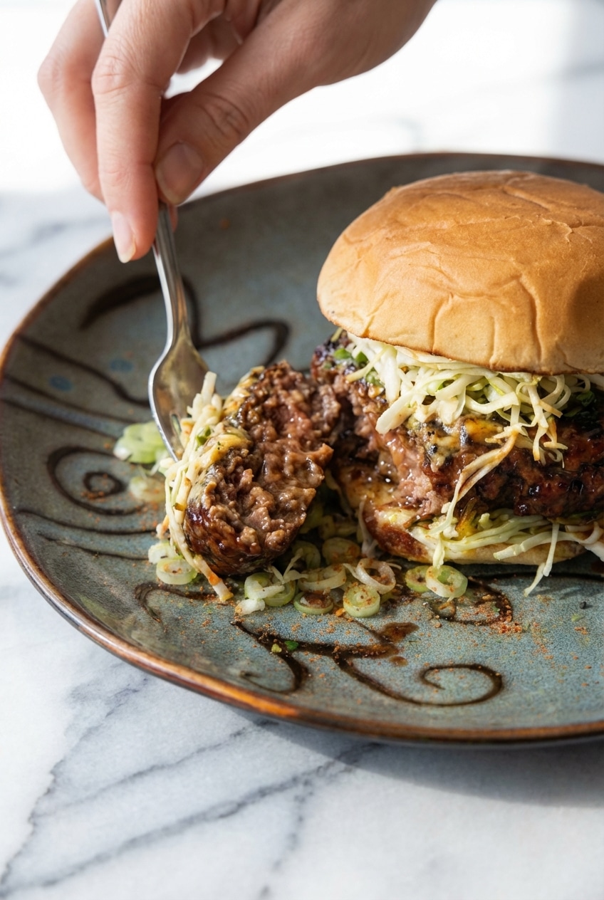 A juicy teriyaki burger served on a wooden board alongside golden fries.