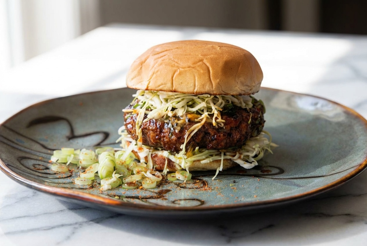 Teriyaki burger topped with melting charred pineapple-miso compound butter on a toasted bun.