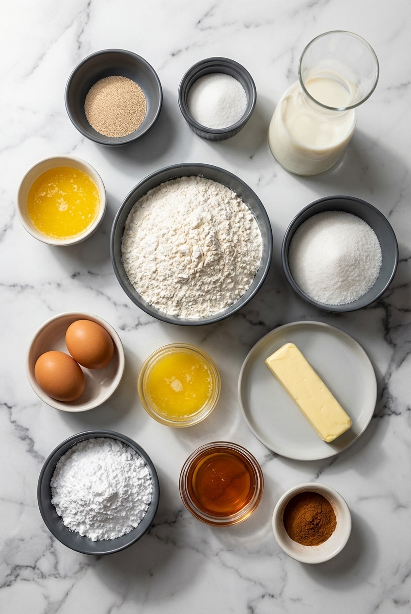 Raw ingredients for texas roadhouse rolls including active dry yeast, bread flour, and malted milk.