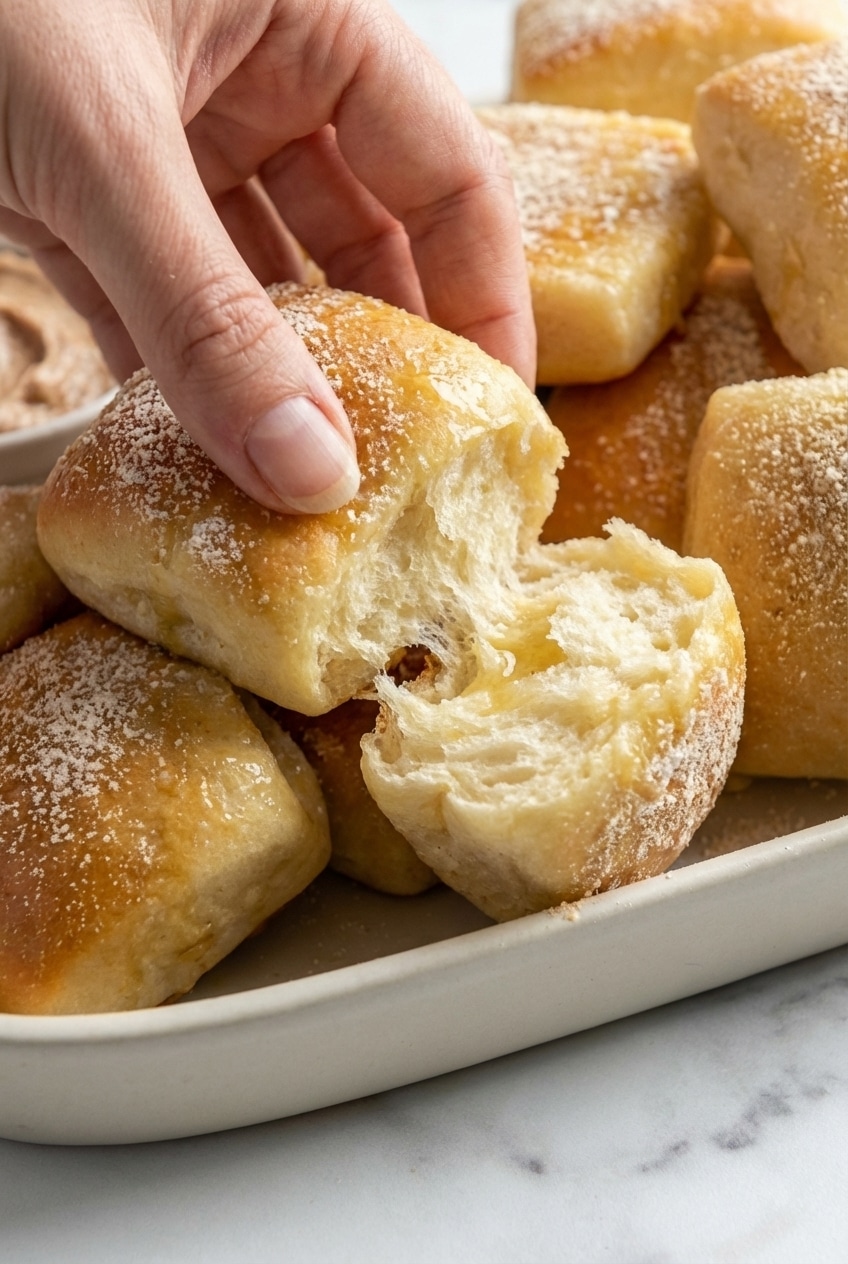 Close-up of the airy crumb and soft texture inside warm texas roadhouse rolls.