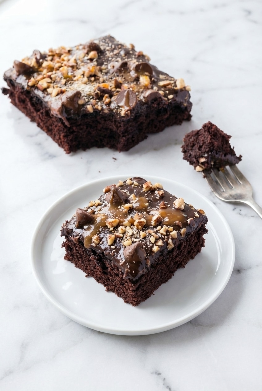 Texas turtle sheet cake in a jelly roll pan topped with glossy frosting and chopped pecans.