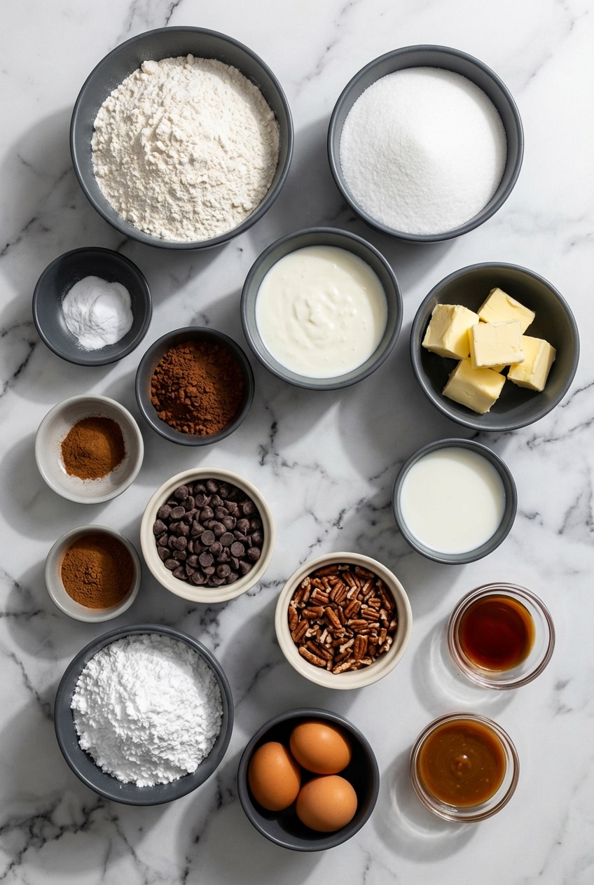 Flat lay of ingredients for texas turtle sheet cake including buttermilk, pecans, caramel sauce, and cocoa powder.