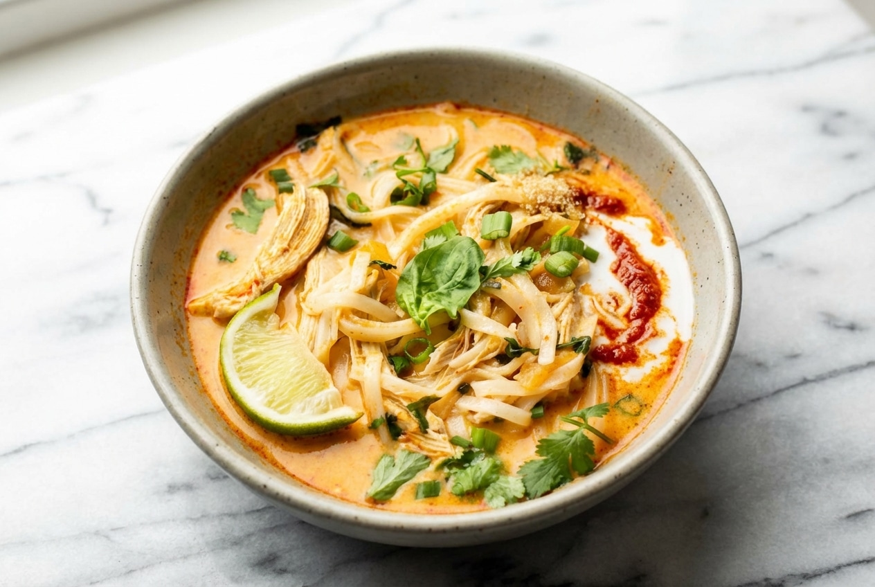 Creamy Thai chicken curry soup featuring a rich broth made by blooming red curry paste in coconut cream.
