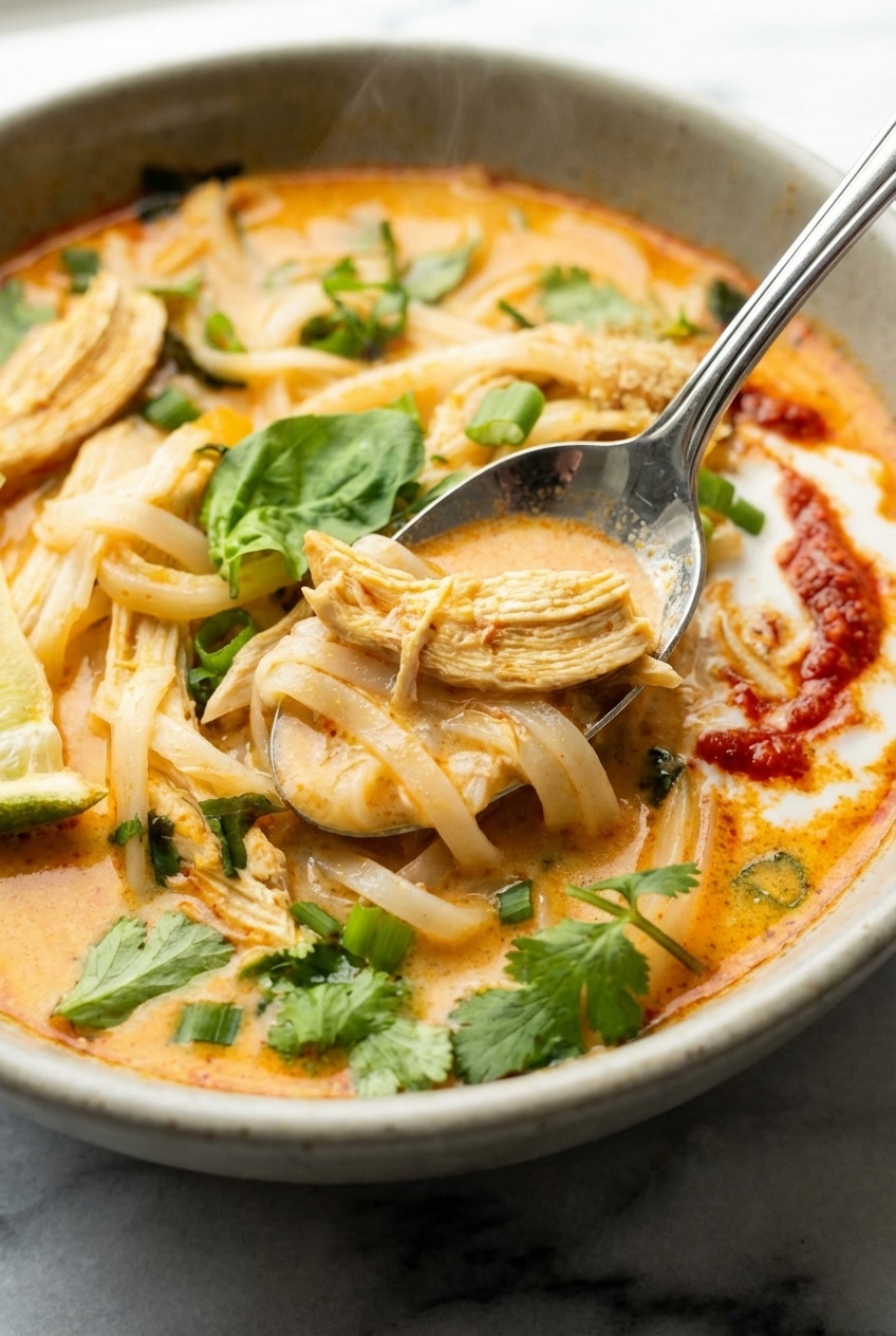 Close up of bubbling Thai chicken curry soup showing perfect emulsification of the coconut cream and red curry oil.