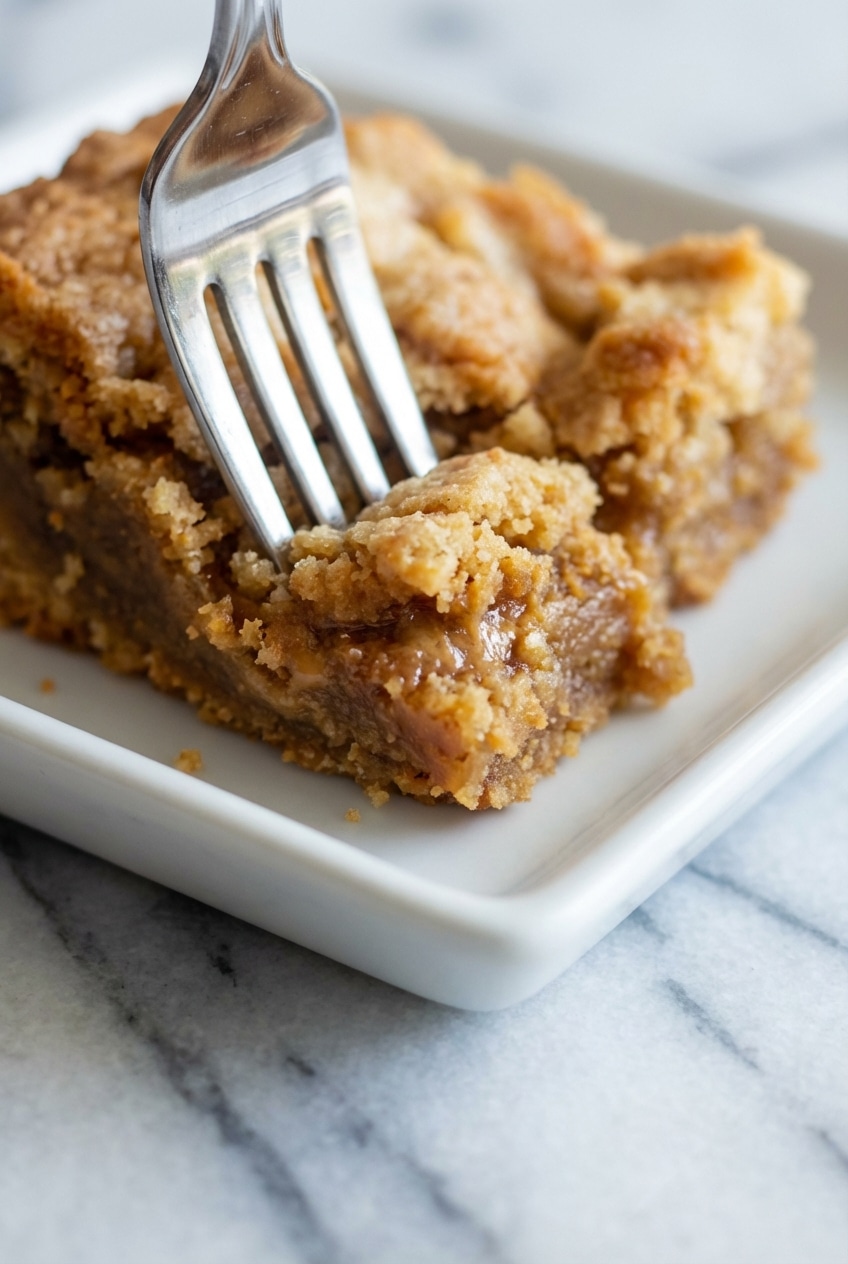 A stack of chewy peanut butter brownies showing the crackly top and moist center on a white serving plate.