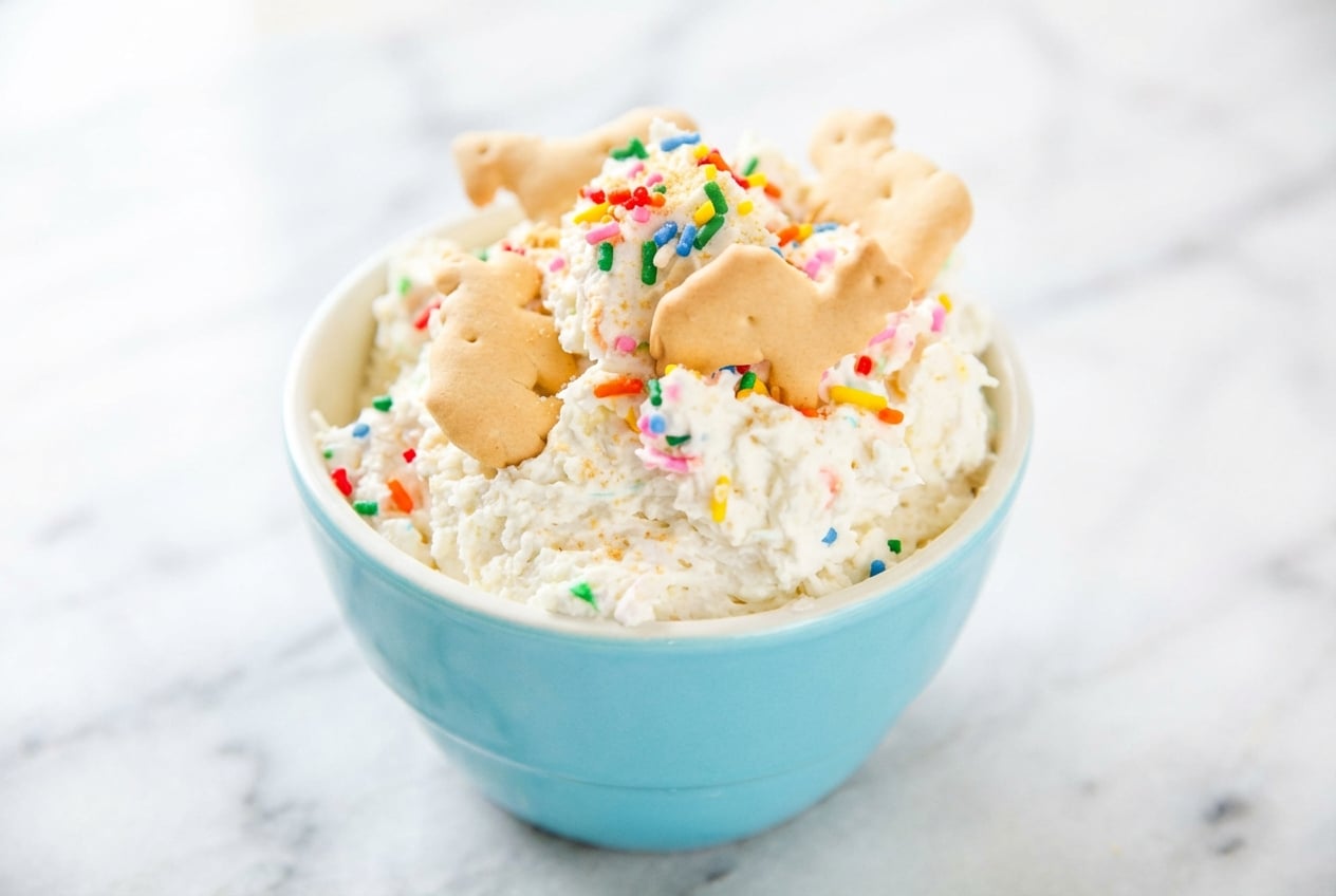 Creamy Funfetti Dip topped with rainbow jimmies featuring a unique toasted malt flavor profile.
