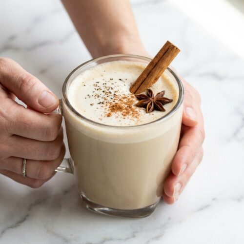Frothy Chai Tea Latte in a ceramic mug, infused with toasted whole spices and a pinch of cracked black pepper.