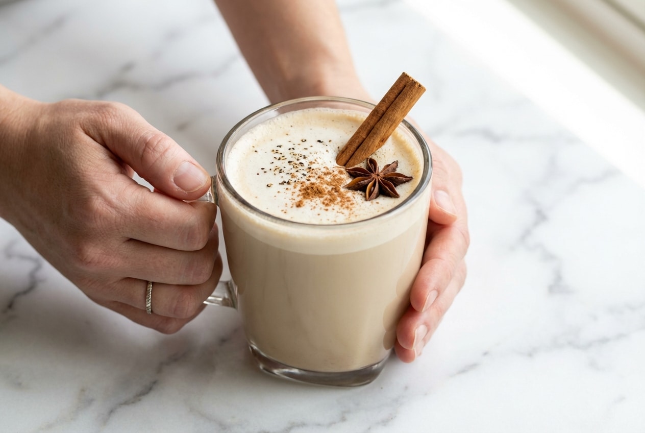 Frothy Chai Tea Latte in a ceramic mug, infused with toasted whole spices and a pinch of cracked black pepper.