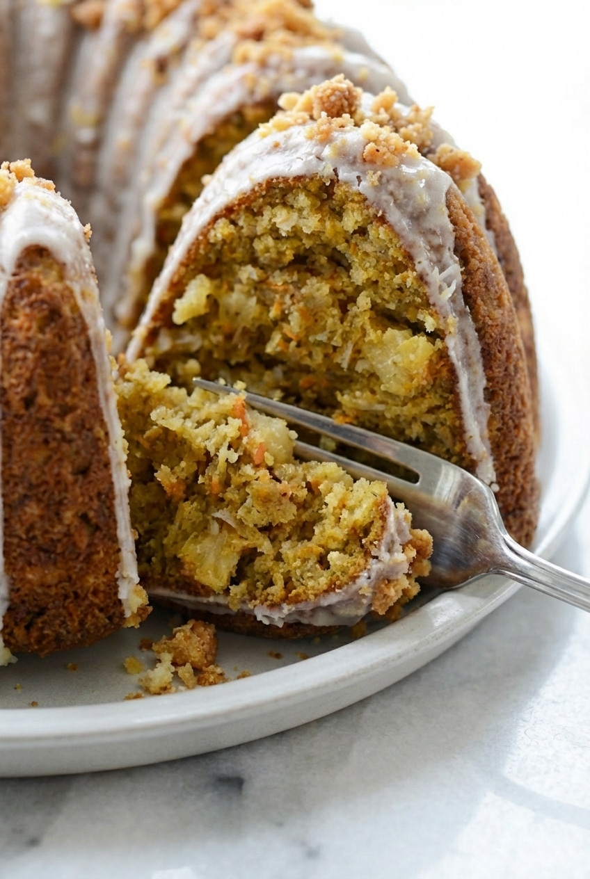 A close-up of hawaiian carrot pineapple cake showing the moist crumb texture and flaked coconut details.