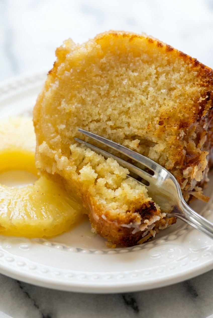 Moist pina colada pound cake texture showing a tight crumb infused with pineapple-rum glaze.