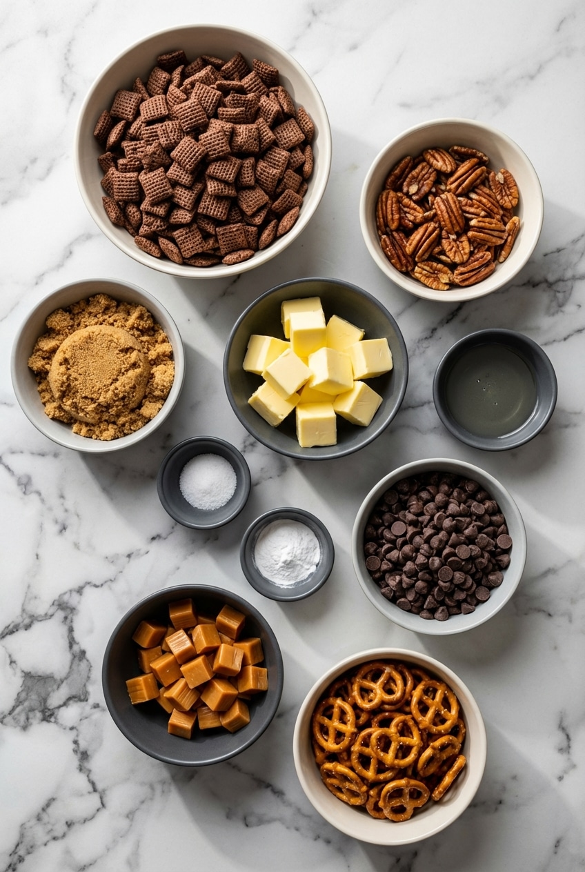 Ingredients for turtle chex mix including chocolate chex cereal, pecan halves, pretzels, and light corn syrup.