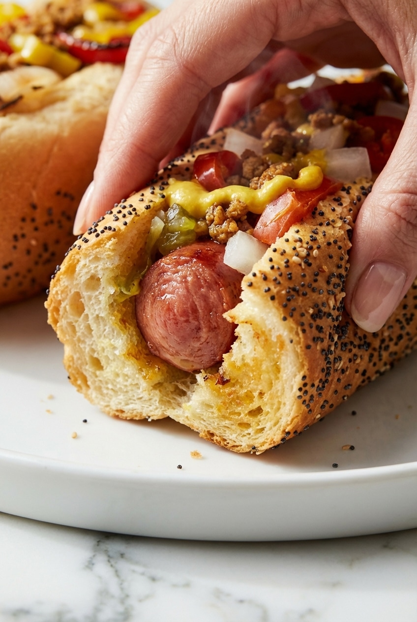 Grilled franks on a platter showing various hot dog toppings like caramelized onions and sriracha mayo.