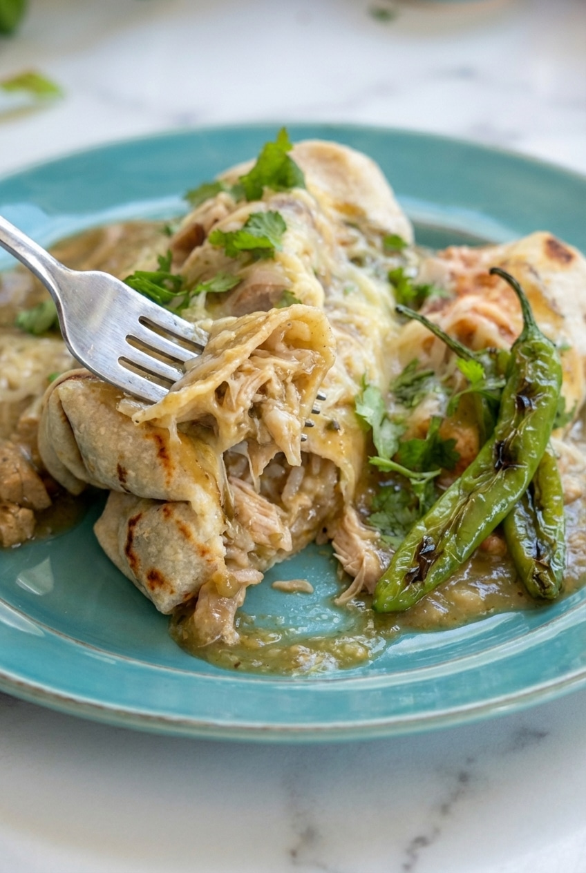 A close-up of green chili burritos served with creamy refried beans and extra salsa verde on a plate.