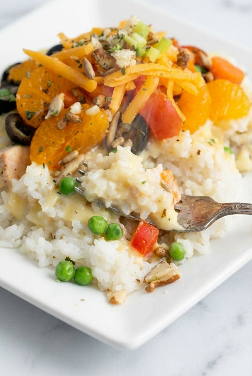 Layered tasty Tuesday Hawaiian haystacks showing the vibrant colors of pineapple tidbits and chow mein noodles.