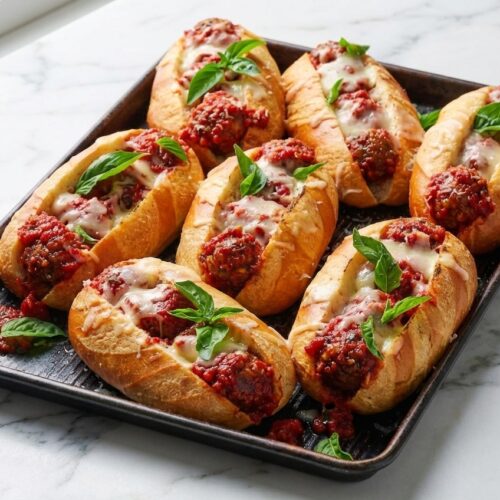 Cheesy meatball sub on a hoagie roll featuring umami-rich seasoning and melted provolone cheese.