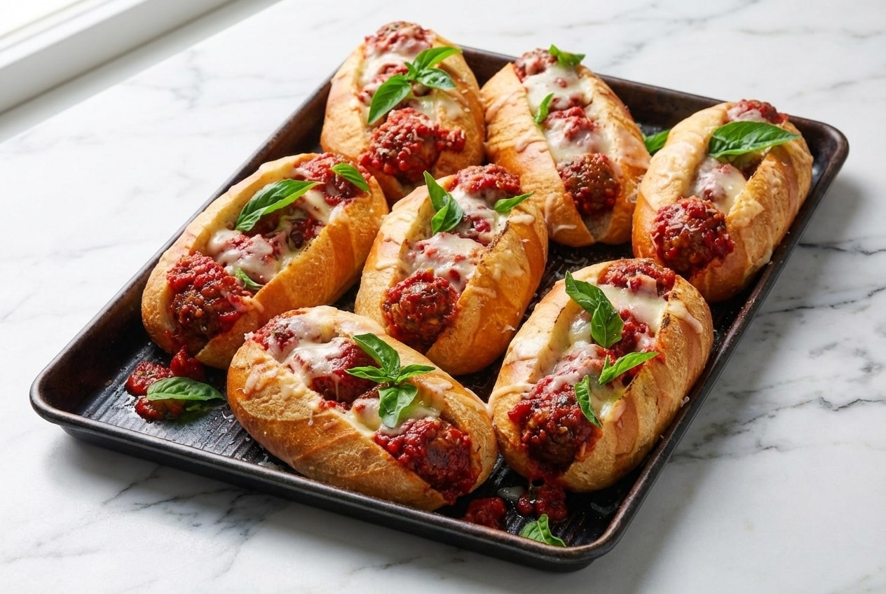 Cheesy meatball sub on a hoagie roll featuring umami-rich seasoning and melted provolone cheese.