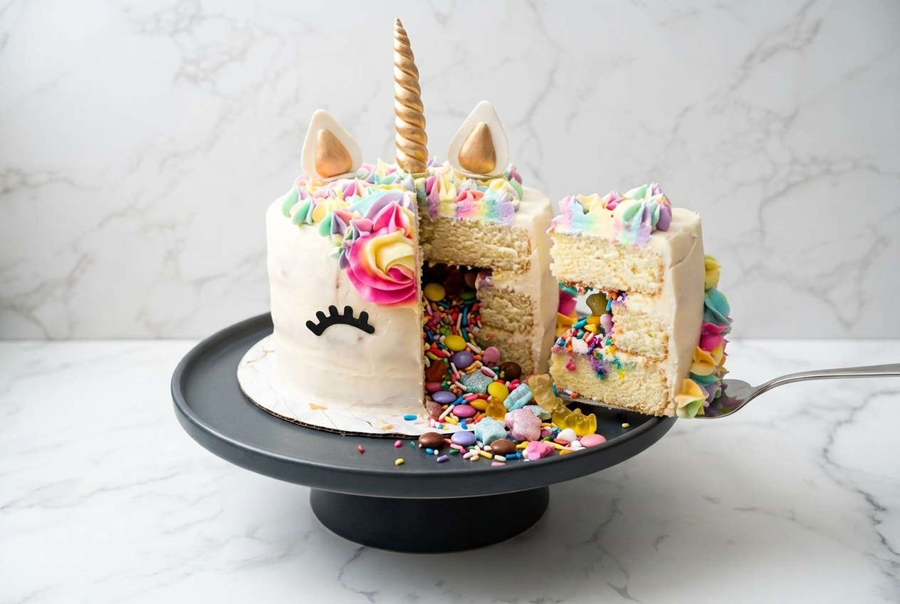 Pastel unicorn cake recipe featuring a magical pinata center filled with colorful sprinkles.