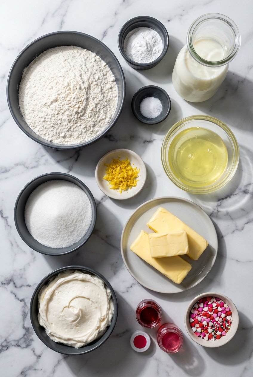 Baking ingredients for Valentine's Day Cupcakes including cake flour, buttermilk, and gel food coloring.