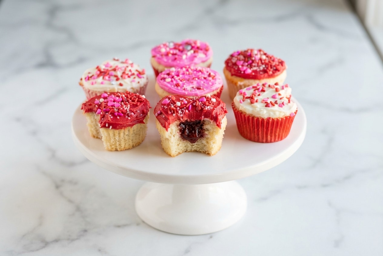Valentine's Day Cupcakes with a hidden balsamic strawberry core and pink buttercream rosettes.