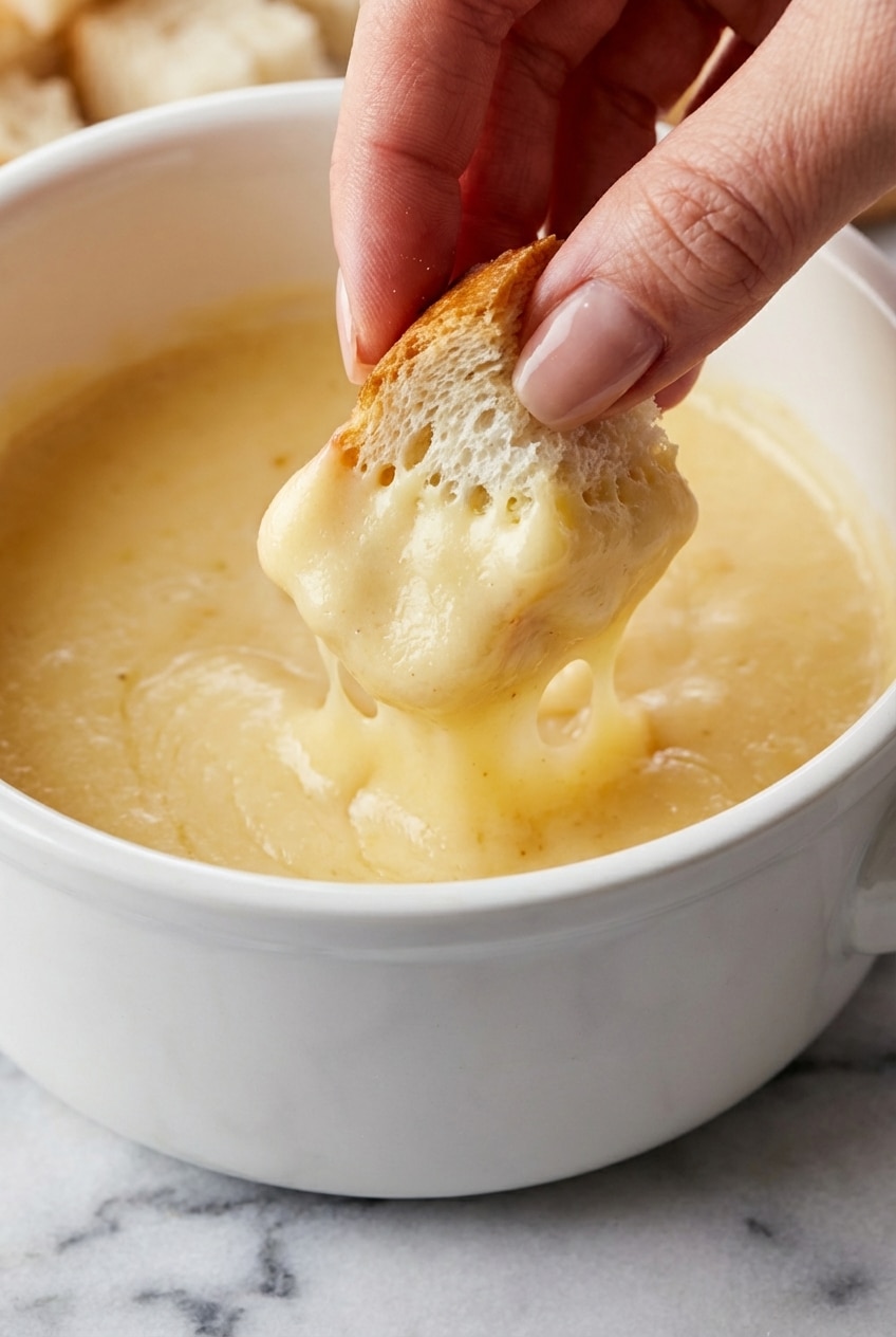 Close-up of velvety cheese fondue recipe showing the smooth emulsification and glossy texture.