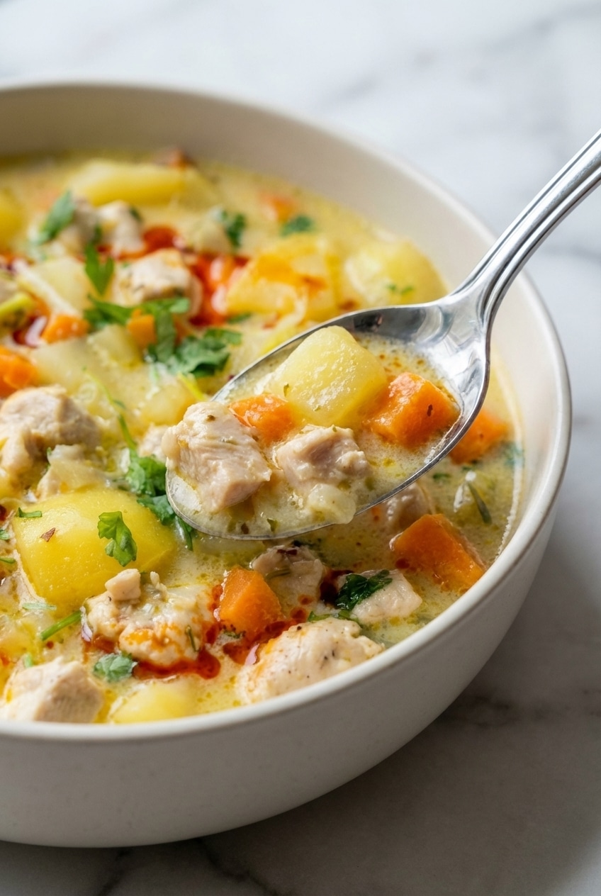 Close-up of velvety chicken potato soup texture showing the smooth blend of leeks and simmered Russet potatoes.