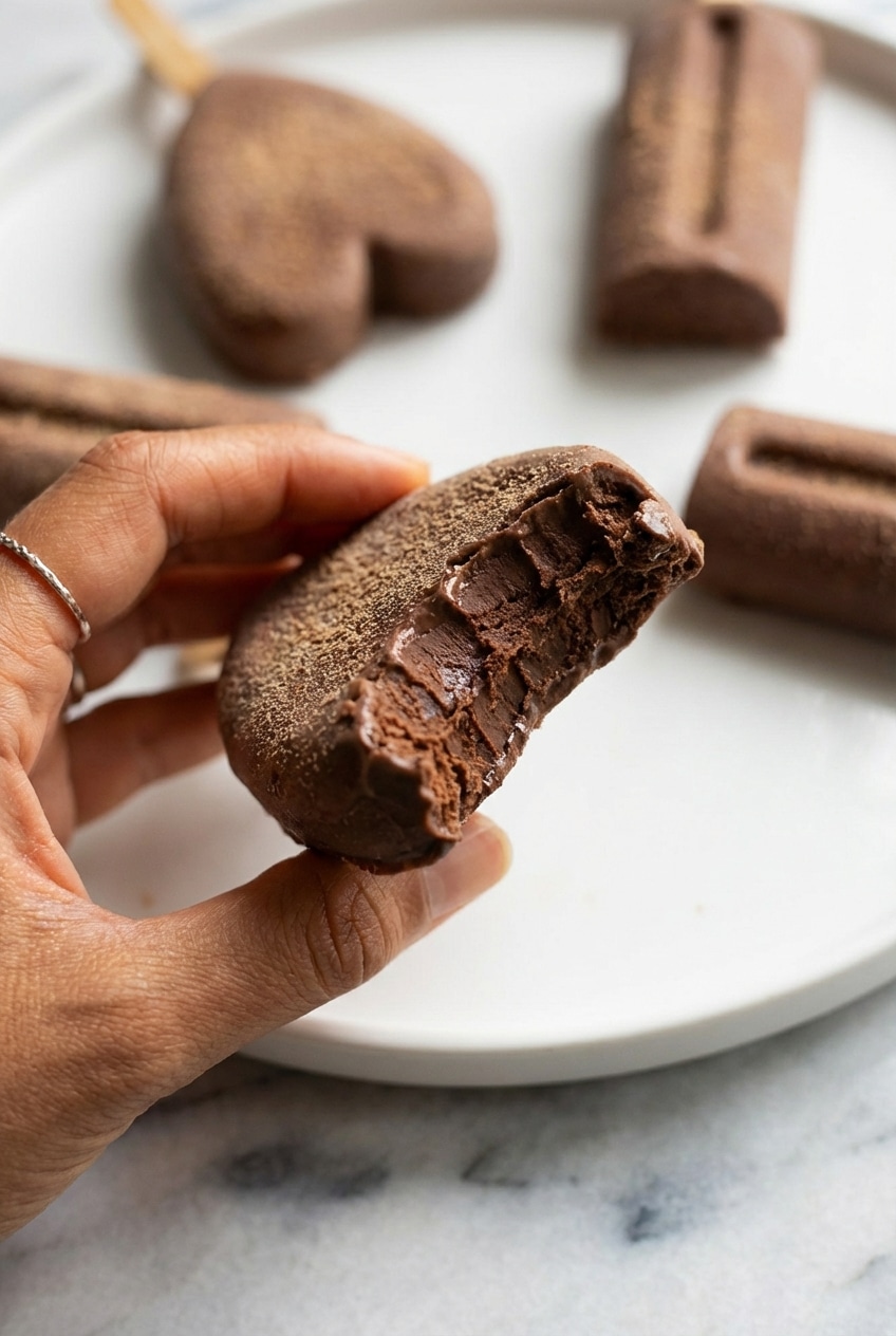 Close-up of the smooth, frosty surface of homemade fudge popsicles showing the rich chocolate texture.