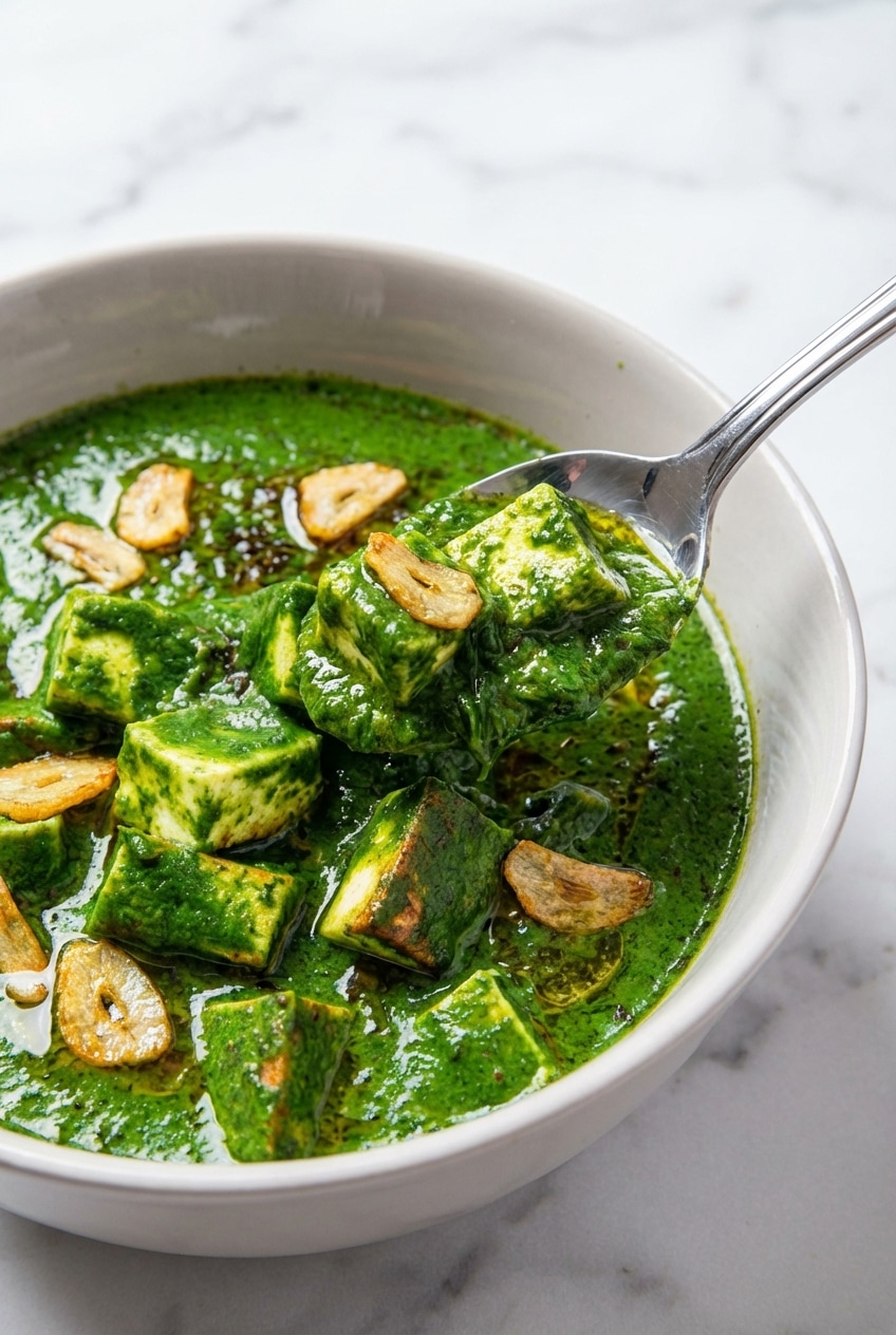 Silky palak paneer recipe sauce being stirred to show a vibrant green color from perfectly blanched spinach.