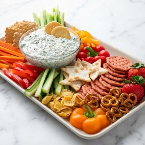 Vibrant veggie platter with flash-blanched heirloom vegetables and hummus, showcasing bright, crisp textures.