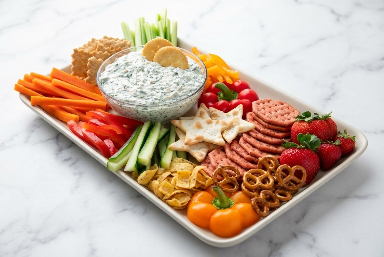 Vibrant veggie platter with flash-blanched heirloom vegetables and hummus, showcasing bright, crisp textures.