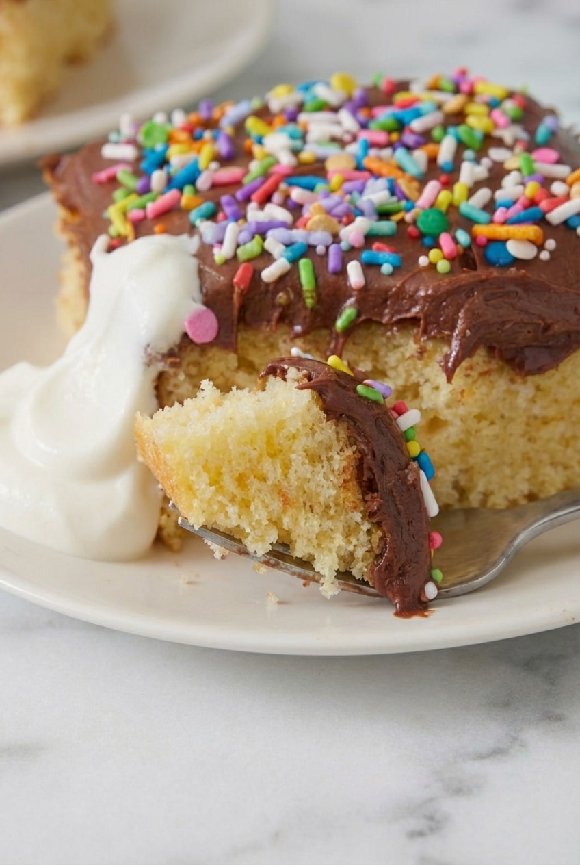 A whole yellow cake baked in a 9x13 inch pan showing a perfectly level and golden surface.