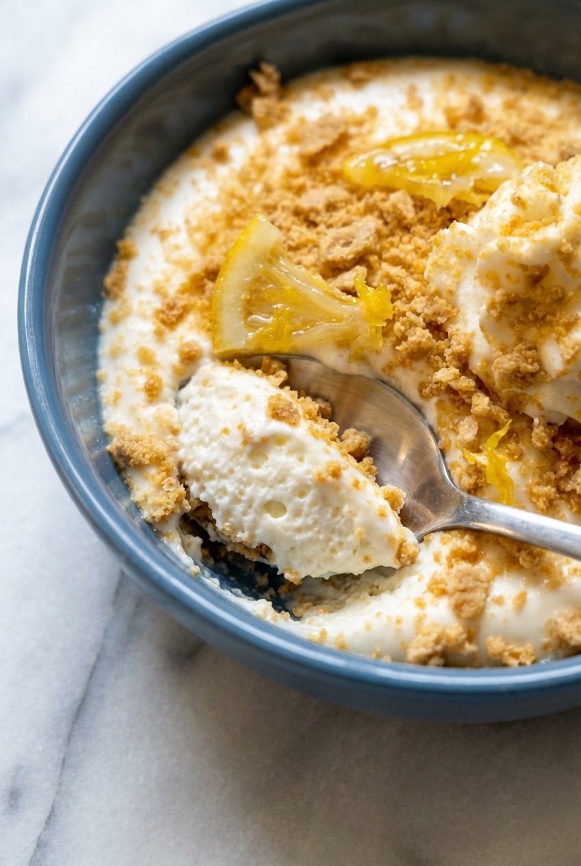Detailed view of lemon cheesecake mousse with stiff peaks and smooth emulsification from the folding technique.