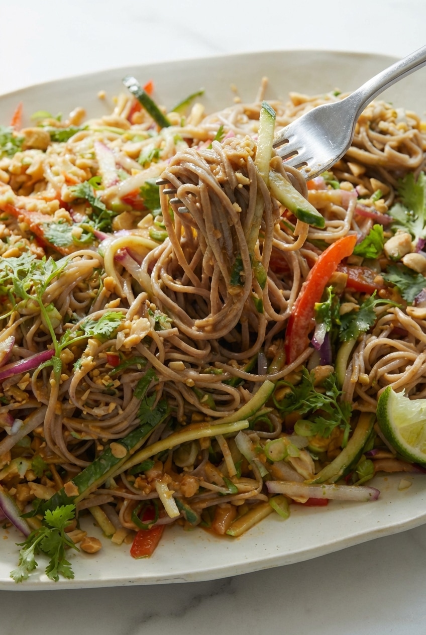 Close-up of al dente buckwheat noodles being tossed for a refreshing cold noodle salad base.