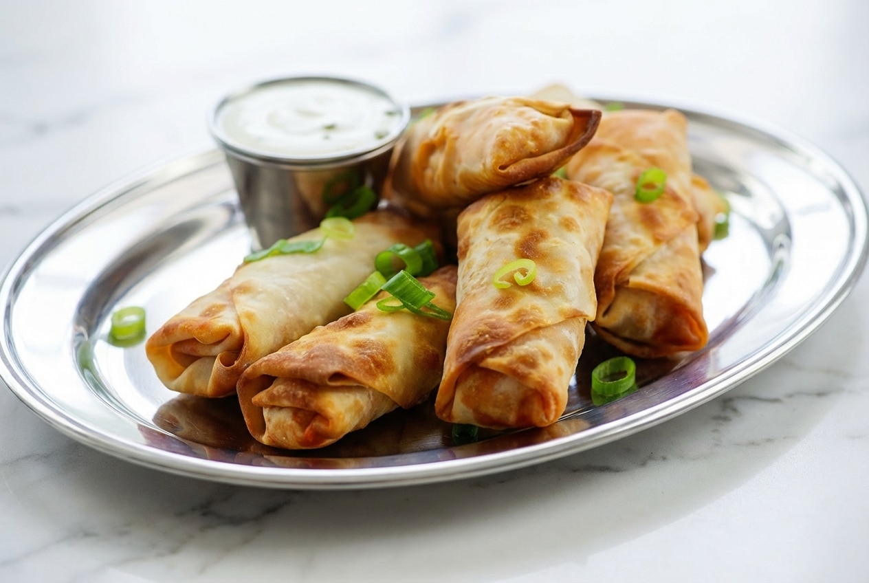 Crispy air fryer buffalo chicken egg rolls stacked on a plate, featuring a perfectly sealed wrapper and creamy emulsion.
