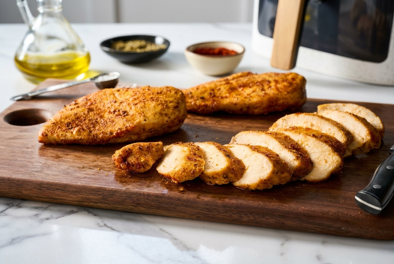 Golden brown air fryer chicken breast with a crispy cornstarch micro-crust resting on a cutting board.