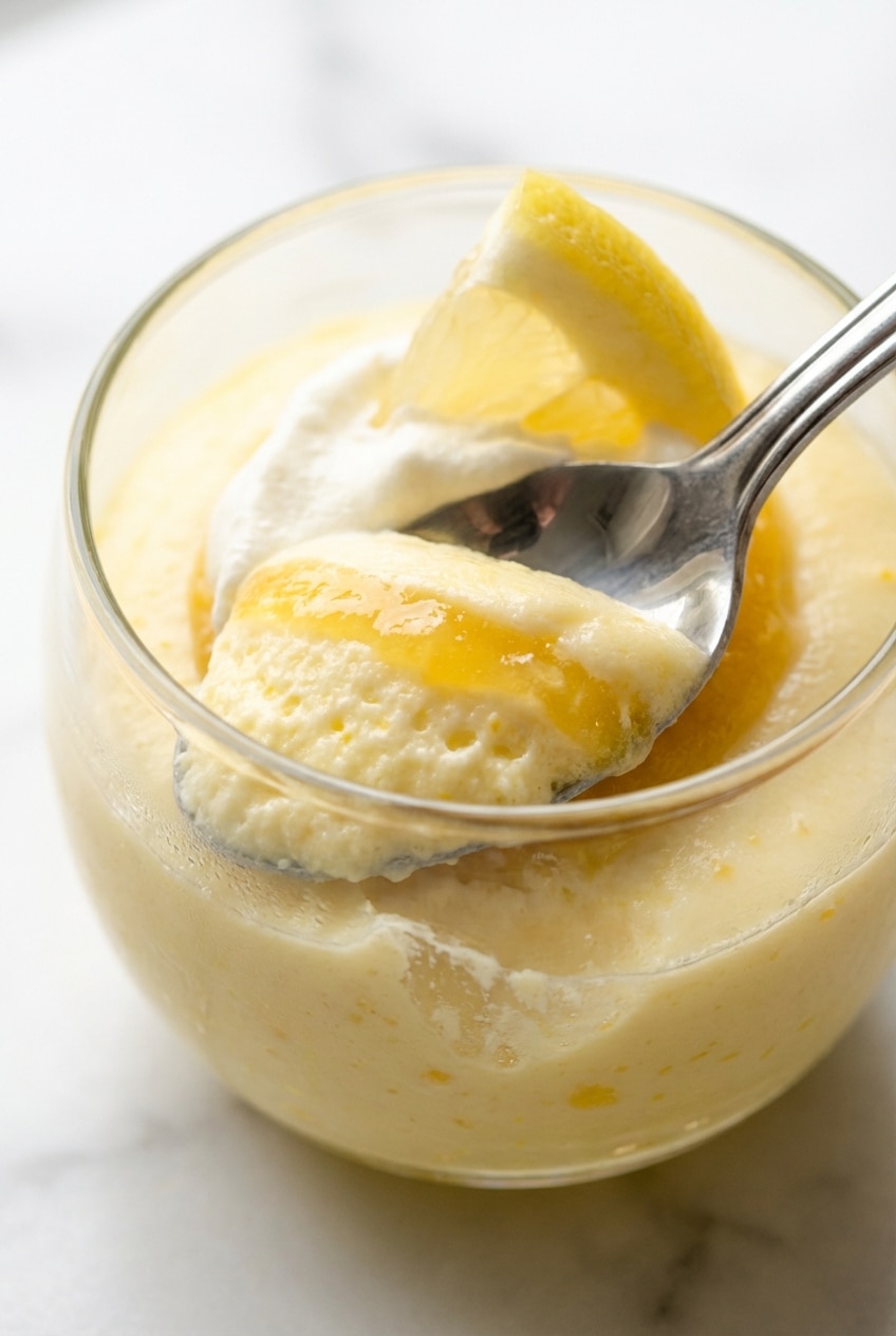 Close-up of airy lemon mousse showing stiff peaks and a light, aerated texture from the folding technique.