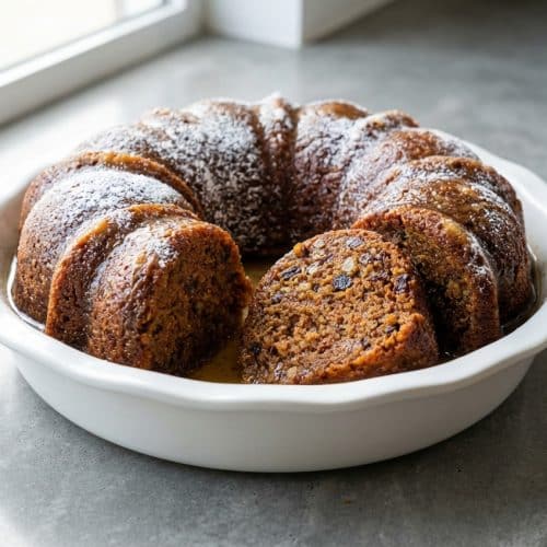 A slice of amish applesauce cake on a plate, featuring a deep golden crust from its brown butter and apple brandy soak.
