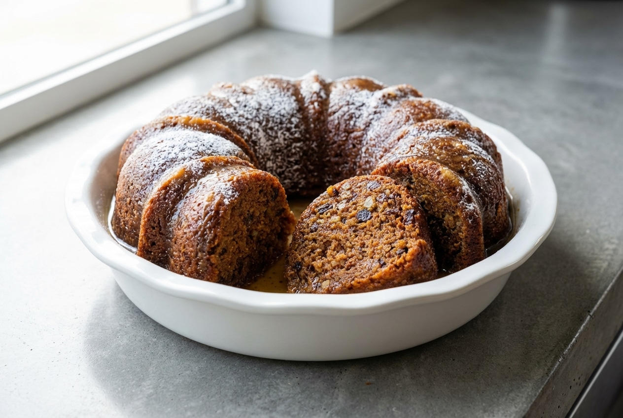 A slice of amish applesauce cake on a plate, featuring a deep golden crust from its brown butter and apple brandy soak.
