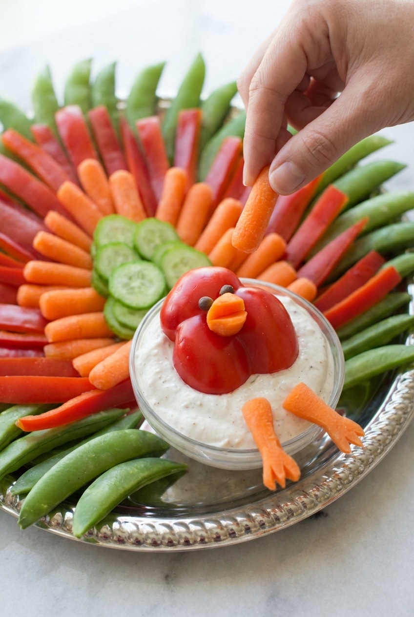 A close-up showing how to arrange sliced vegetables around a bowl of dip to create the 'feathers' for a turkey veggie tray.