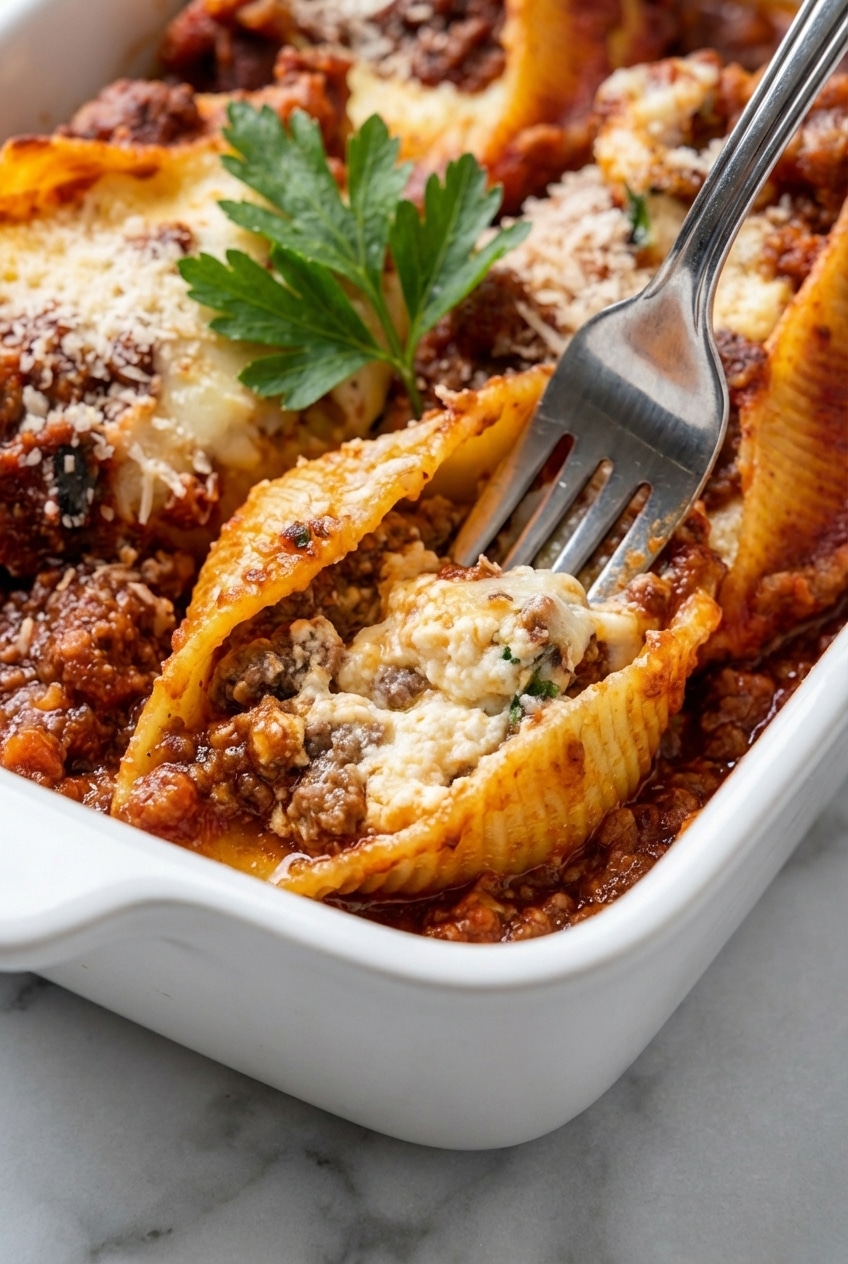 Assembling lasagna stuffed shells in a ceramic baking dish with savory meat sauce and Italian seasoning.