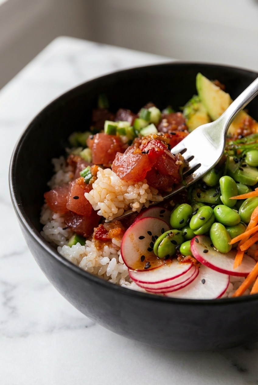 A masterfully prepared poke bowl recipe with colorful toppings and drizzled Kewpie mayonnaise.