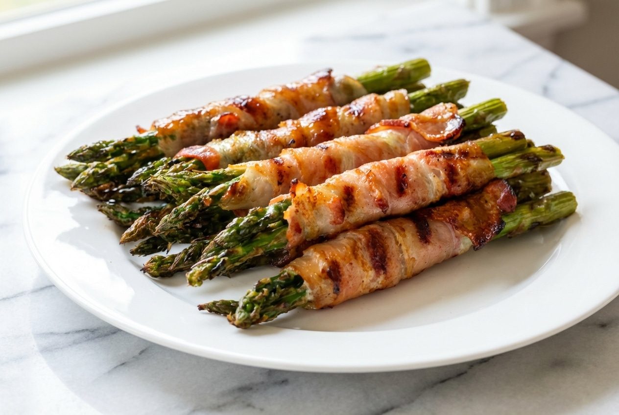 Bacon wrapped asparagus bundles coated in a glossy umami-maple glaze on a white serving platter.