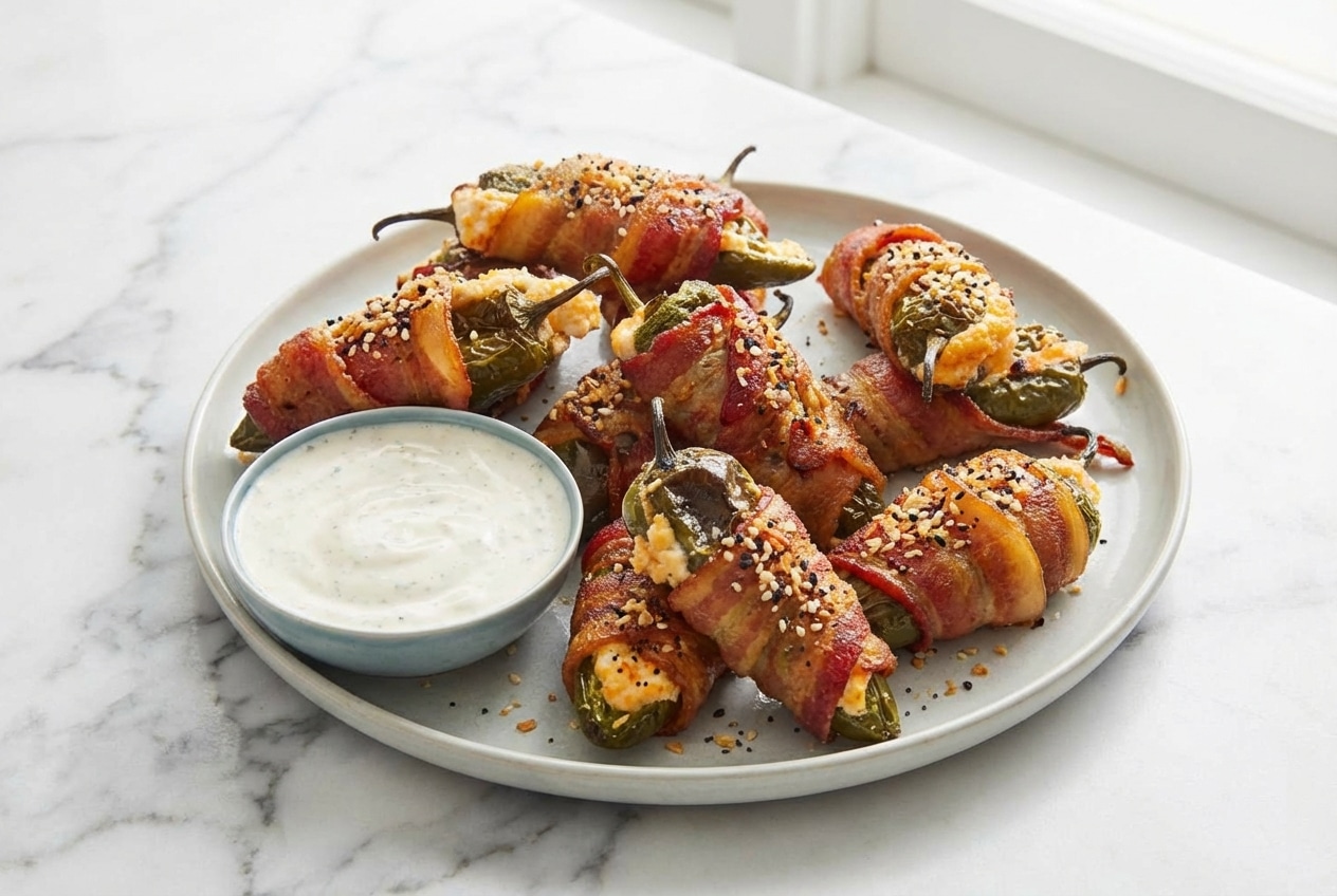 Bacon Wrapped Jalapeño Poppers topped with a crispy Everything Bagel panko crunch.