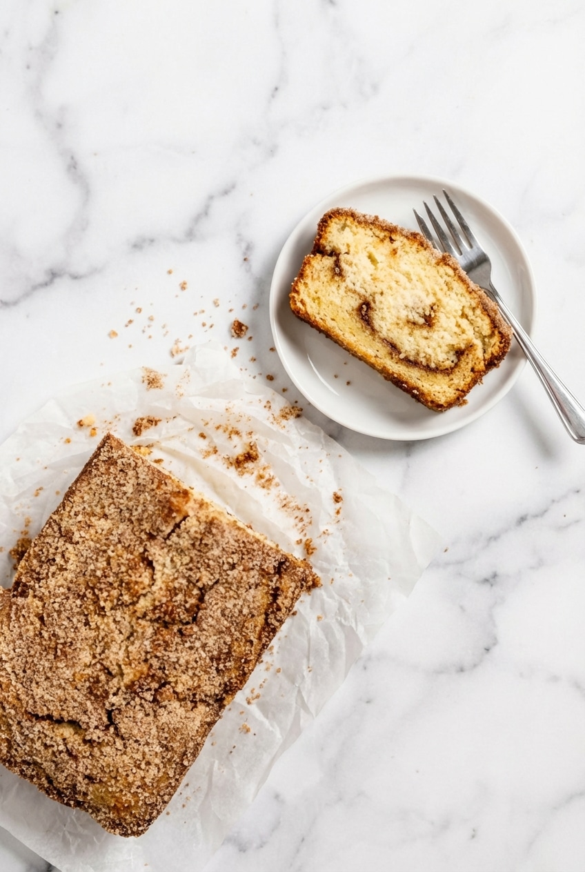 Cinnamon donut bread inside a loaf pan showing the perfectly risen, spiced surface.