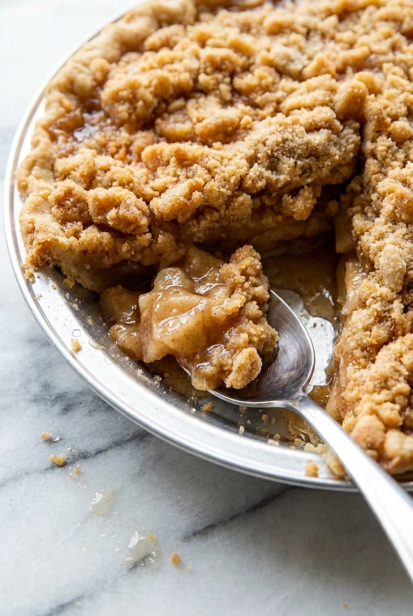 Close-up texture of baked crumble topping showing large, golden streusel clusters created by the clump squeeze technique