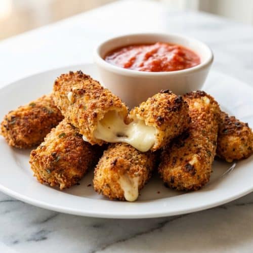 Golden baked mozzarella sticks, perfectly sealed with a cornstarch slurry to prevent cheese leaks, served with marinara sauce.